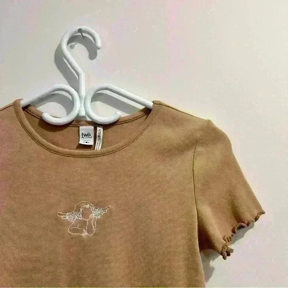 Simons Twik | Y2K  tan angel baby tee with ruffles and angel wings womens small - Picture 2 of 5